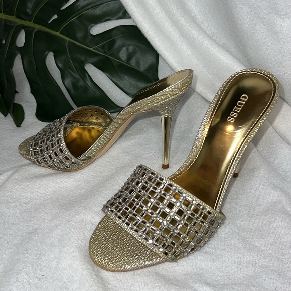 NEW Guess GWMABLY Gold Silver Jeweled stiletto mules slides heels sz 7 - Picture 2 of 4